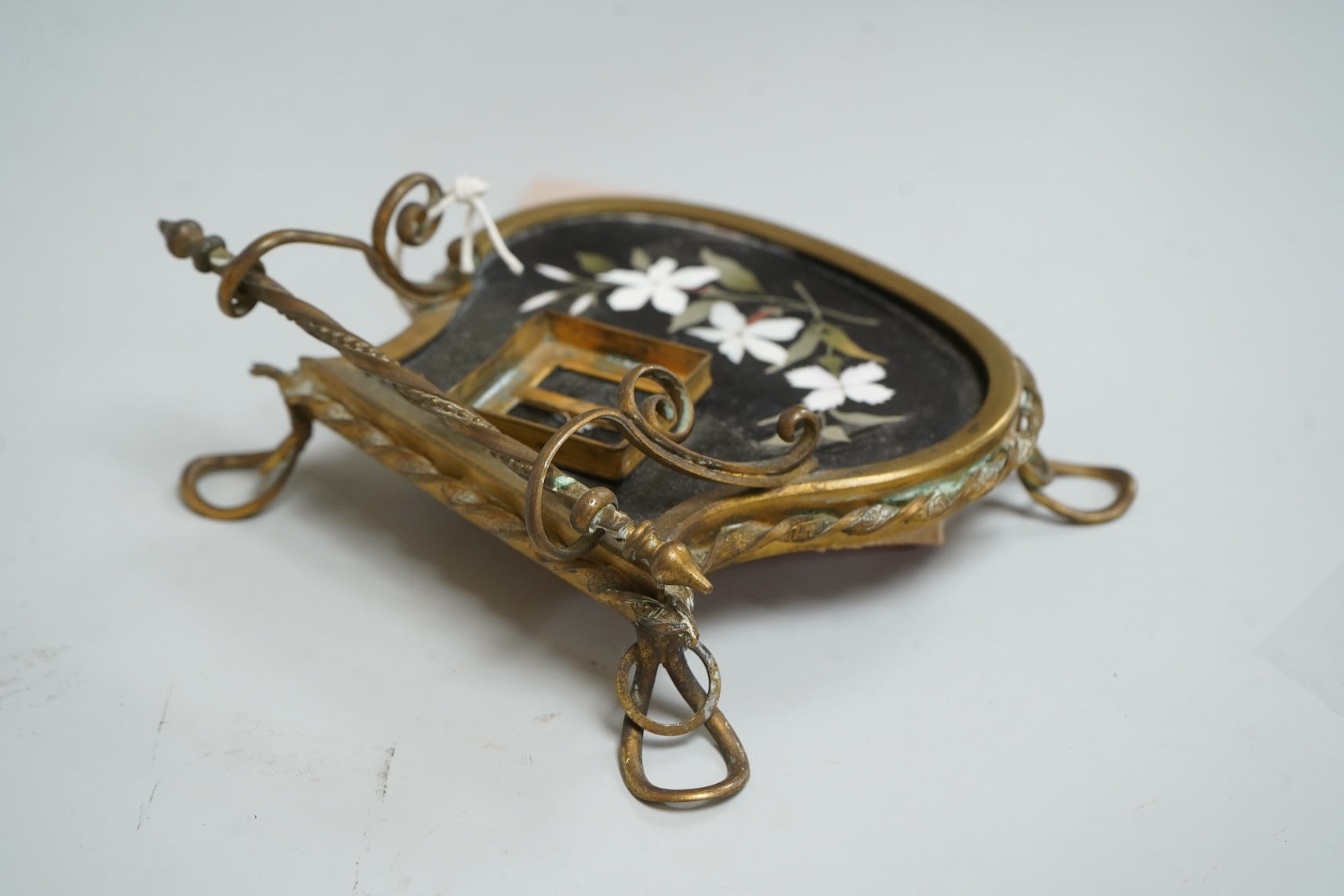 A Pietra Dura inkstand, telescope, cased glass flask and a wood boat model